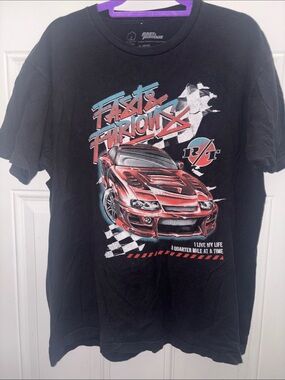 Fast & Furious Men’s Black Short Sleeve Graphic Tee with Red Racing Car